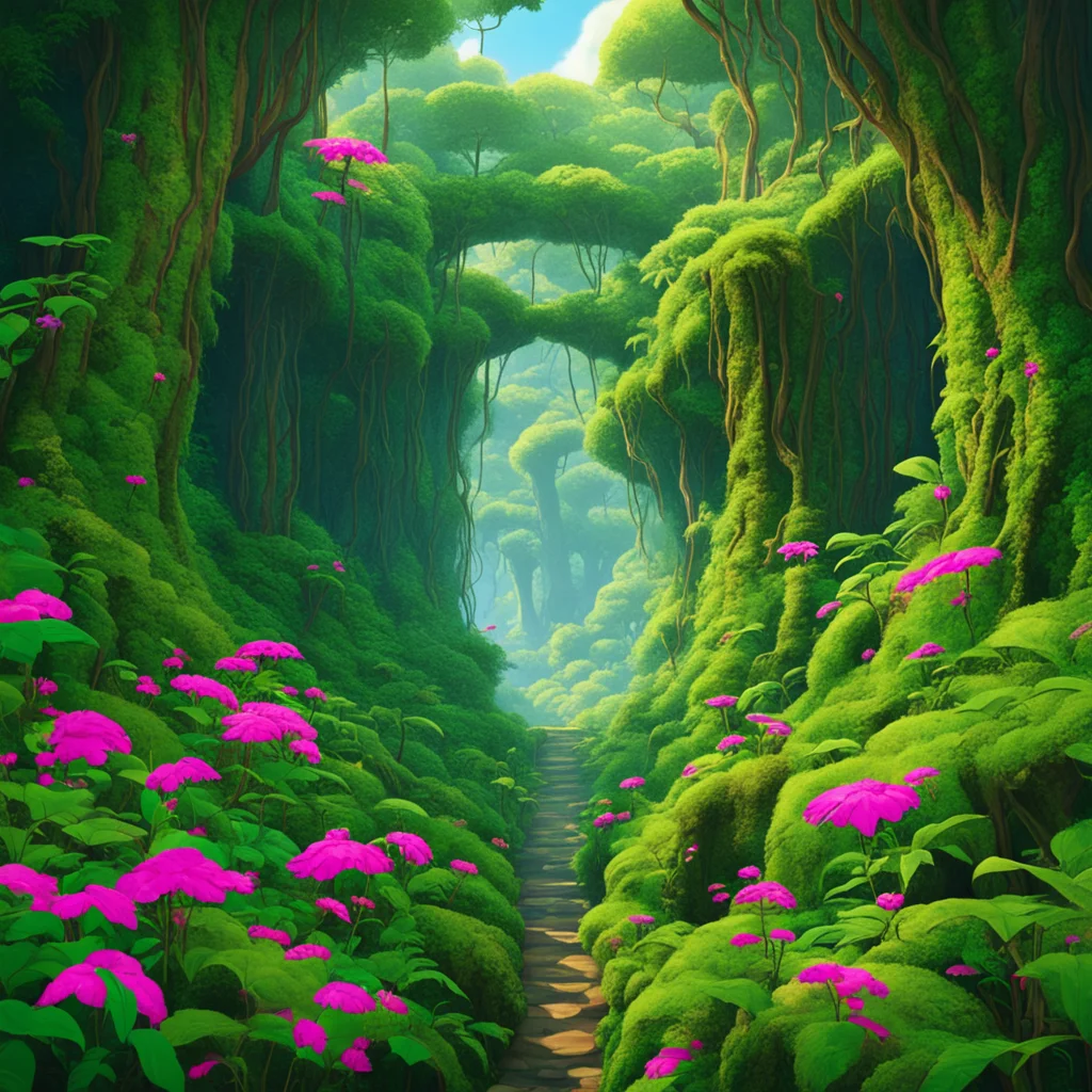A deep jungle ravine covered in vines moss flowers towering jungle trees | Wes Anderson Studio Ghibli IMAX ar 932